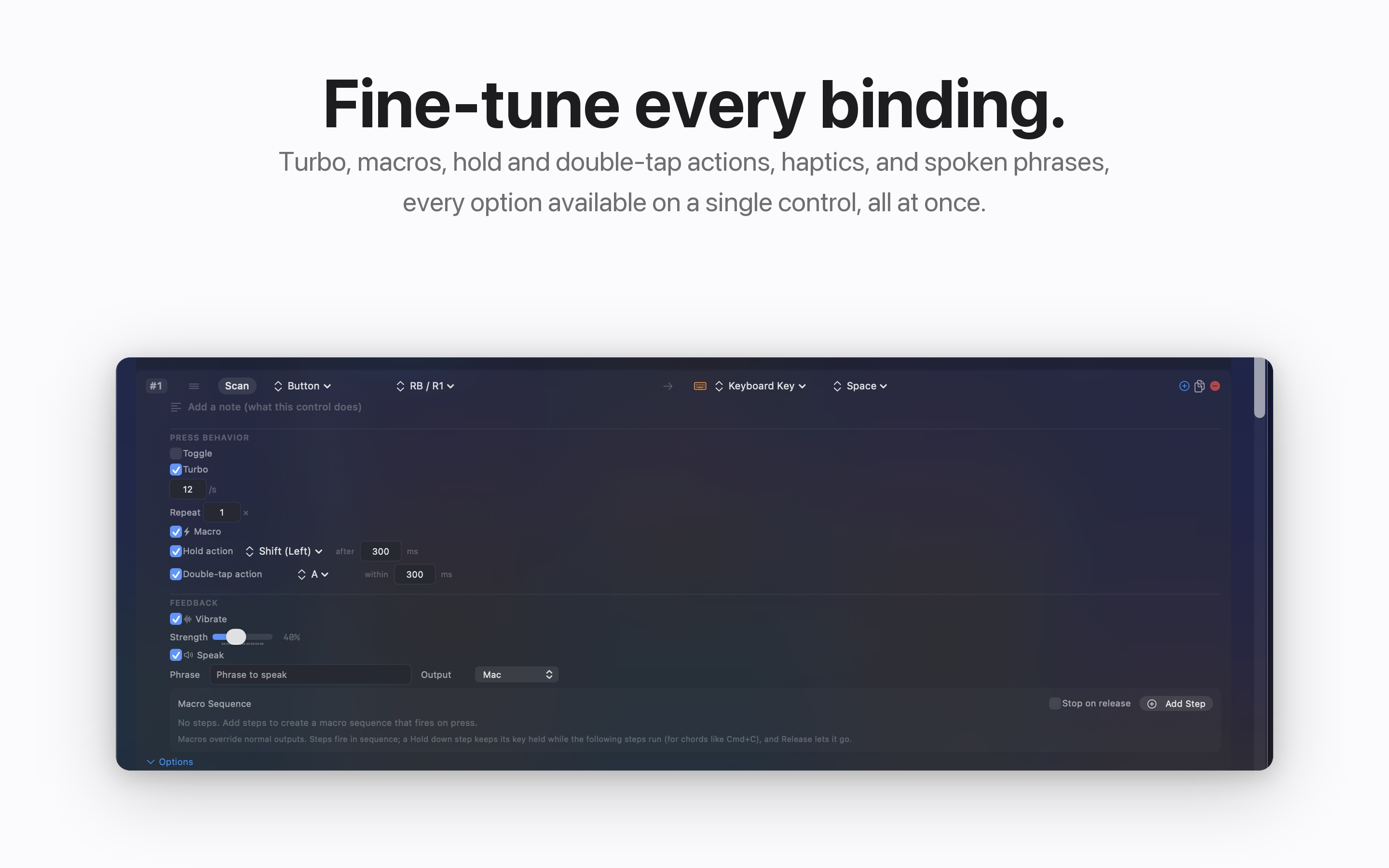 InputConfig advanced binding options with turbo and macro settings