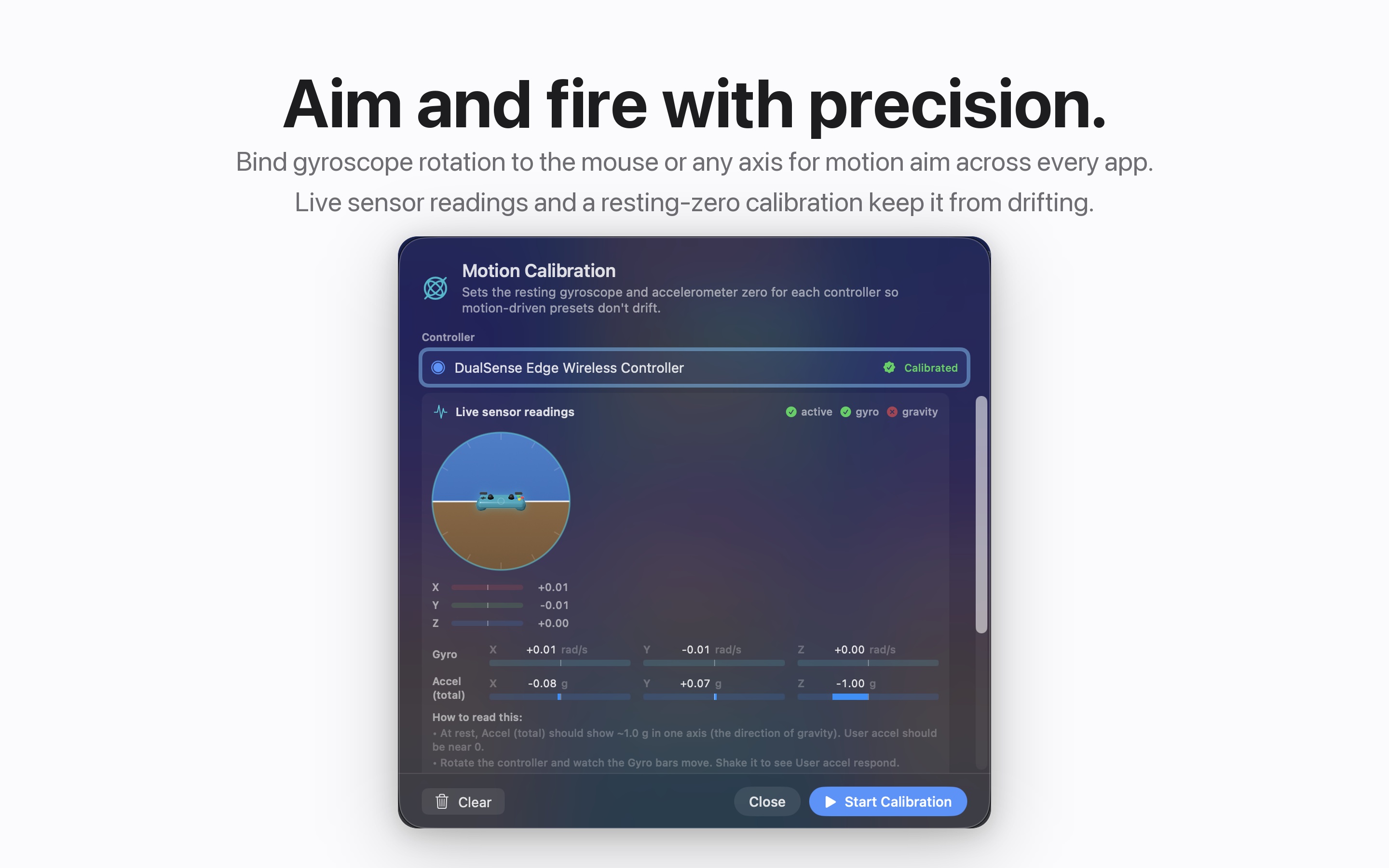 InputConfig gyroscope motion calibration with live sensor readings