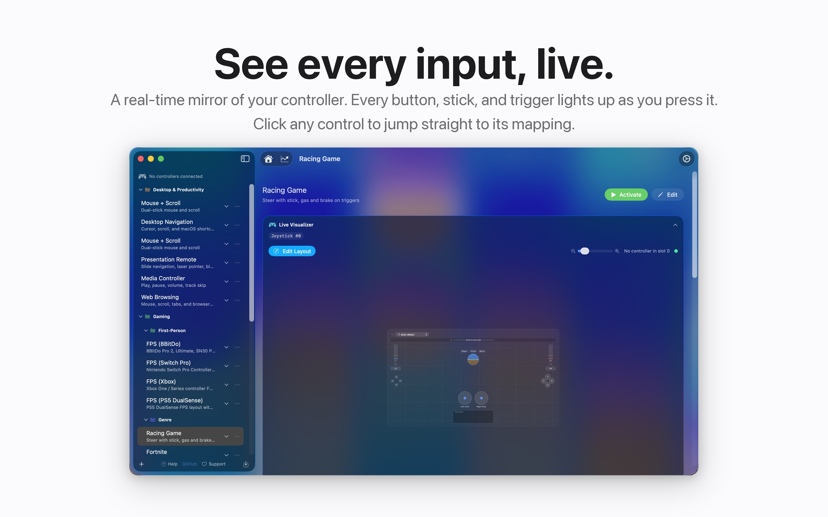 InputConfig live visualizer mirroring a connected controller
