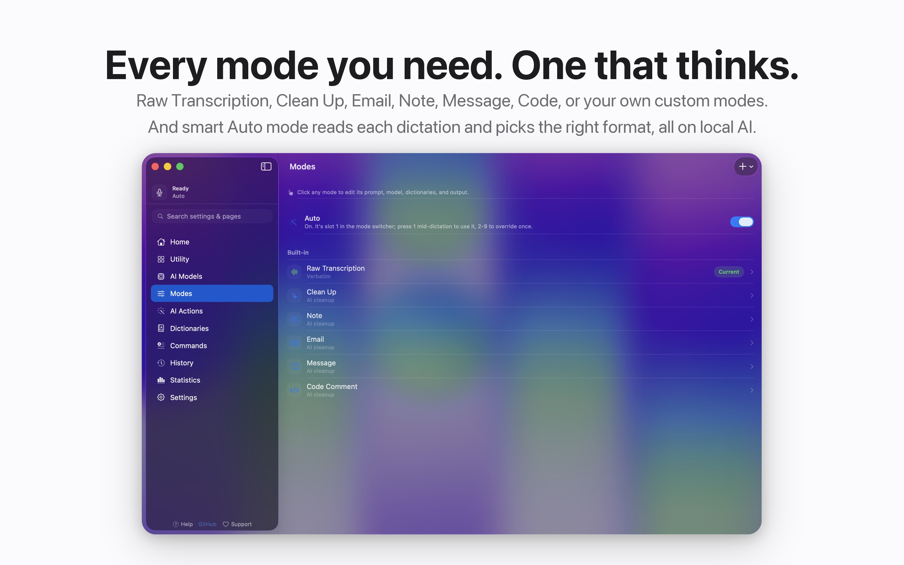 YapToText mode list with Auto mode enabled