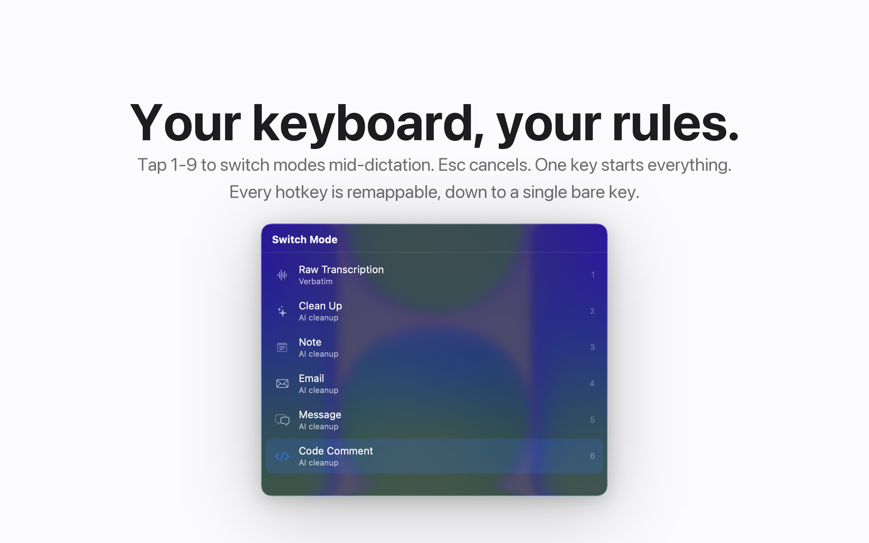 YapToText switch mode panel with numbered shortcuts
