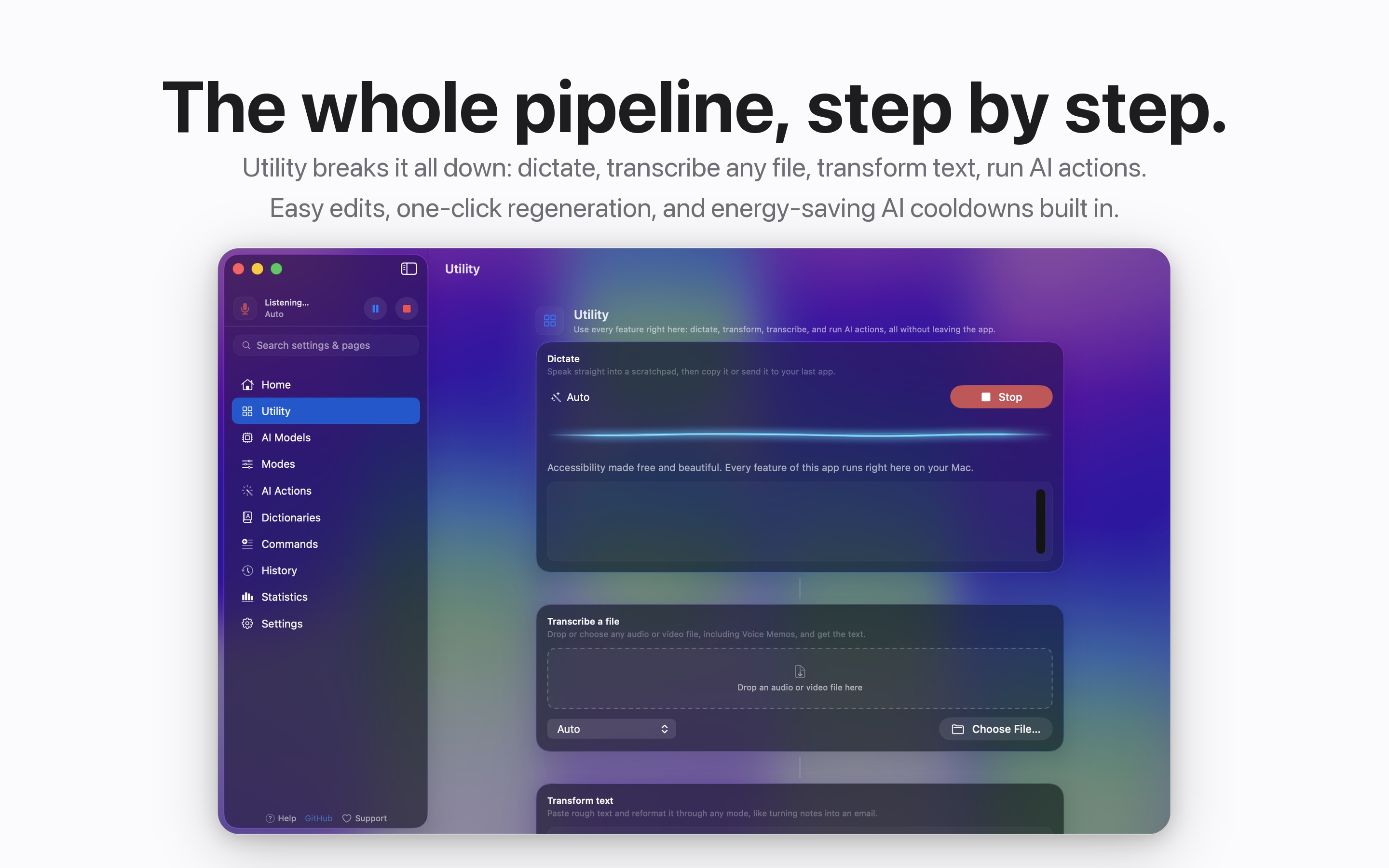 YapToText Utility panel showing the dictation pipeline